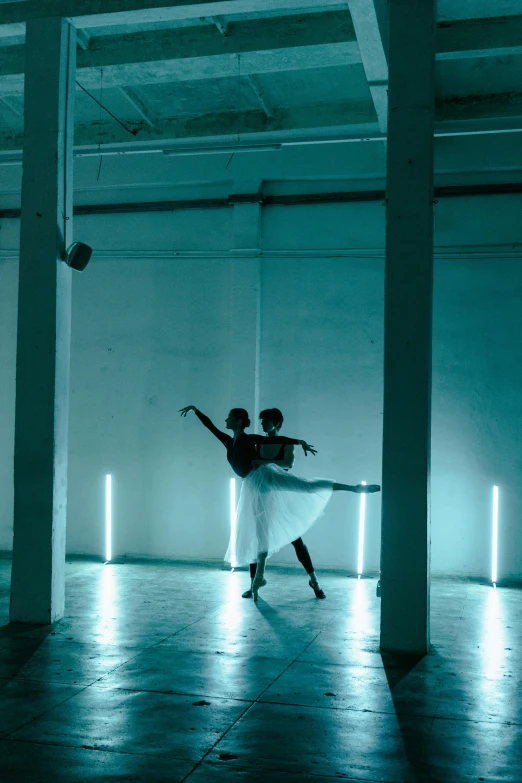 a woman that is standing in the middle of a room, by Ottó Baditz, light and space, couple dancing, ambient teal light, samuel l. jackson as a ballerina, square