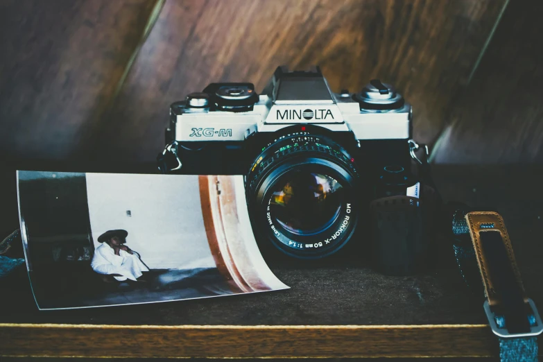 a camera sitting on top of a wooden table, inspired by Elsa Bleda, unsplash contest winner, vintage soft grainy, photograph ”, medium format, photograph”