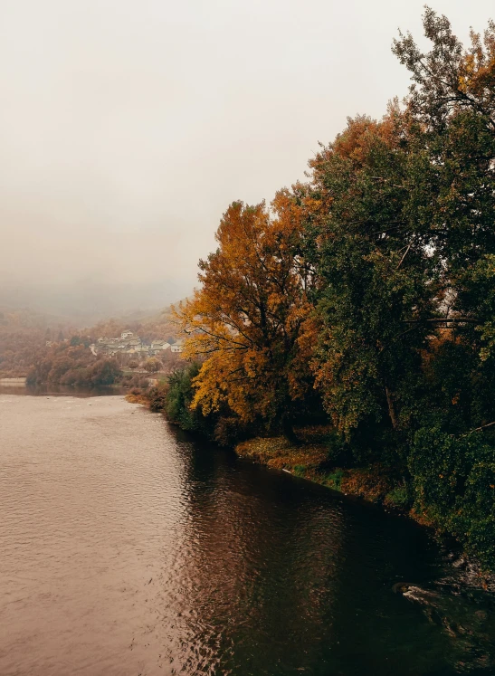 a large body of water surrounded by trees, a picture, pexels contest winner, hudson river school, 2 5 6 x 2 5 6 pixels, realistic photo of a town, muted fall colors, slovakia