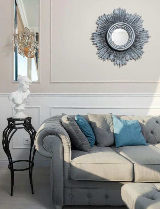 a living room filled with furniture and a mirror, inspired by Emilio Grau Sala, neoclassicism, vray cinematic smooth, detailed product image, grey and silver, soft blue living room