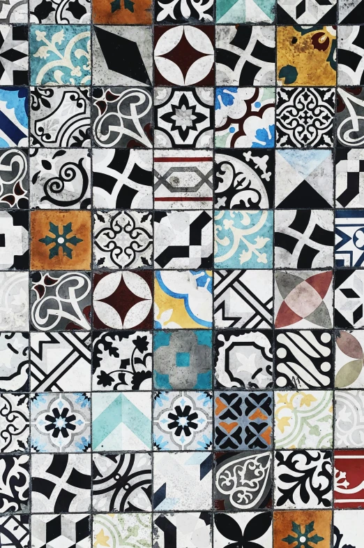 a tiled floor covered in lots of different colored tiles, inspired by Michel Delacroix, unsplash, baroque, demur, black & white, square, white background