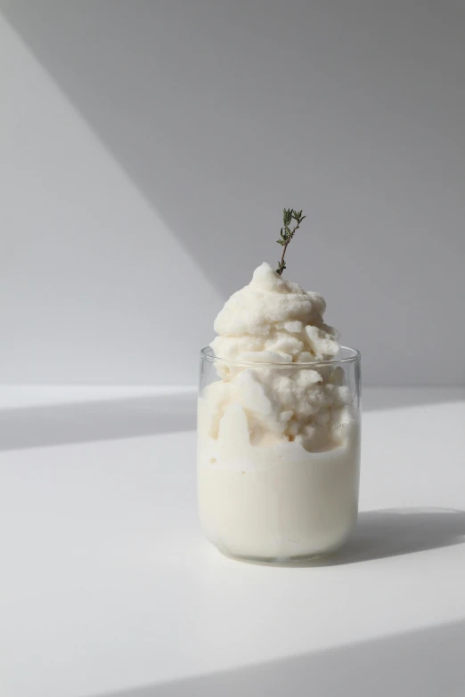 a glass jar filled with whipped cream and a sprig of rosemary, by Jessie Algie, unsplash, floating island in the sky, ignant, koji morimoto, tall