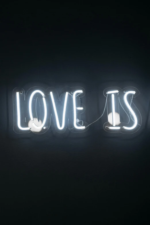a neon sign that says love is in the dark, an album cover, inspired by Cerith Wyn Evans, pexels, demur, light bulb, white, neon tattoo