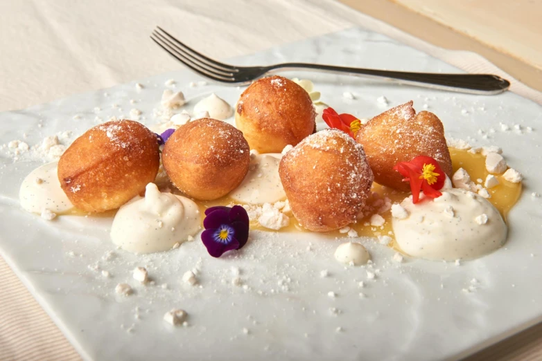a white plate topped with donuts covered in powdered sugar, inspired by Richmond Barthé, lush flora, dumplings on a plate, crisp lines, thumbnail