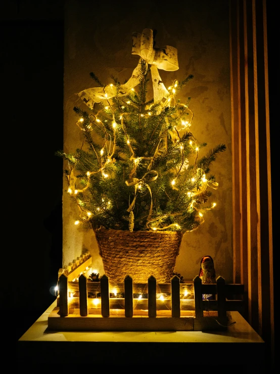 a small christmas tree sitting on top of a table, warm yellow lighting, midnight mist lights, full product shot, vignette of windowsill