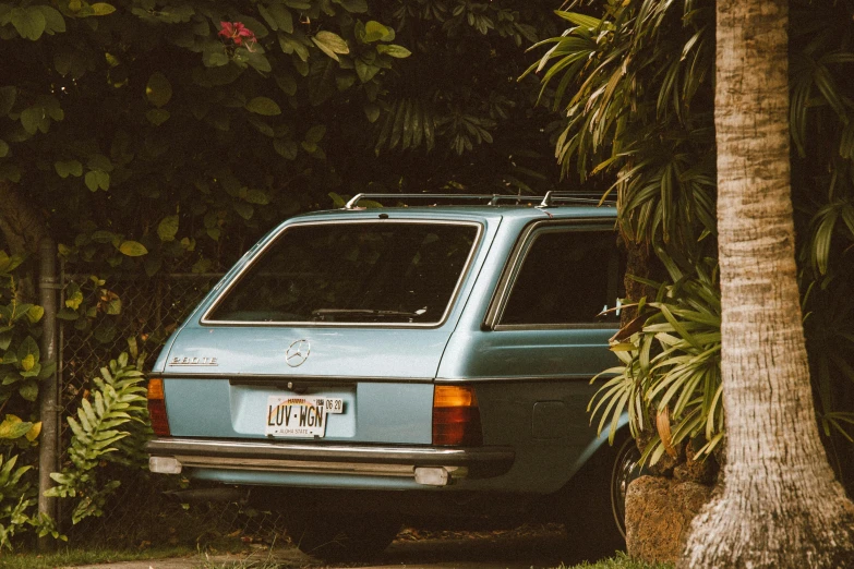 a car parked on the side of a road next to a tree, inspired by Elsa Bleda, pexels contest winner, brown and cyan blue color scheme, maui, mercedez benz, 1980s aesthetic