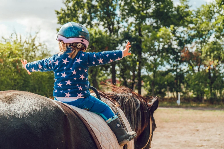 a little girl riding on the back of a horse, unsplash, dreamworld, on a farm, giving the thumbs up, sunny day time