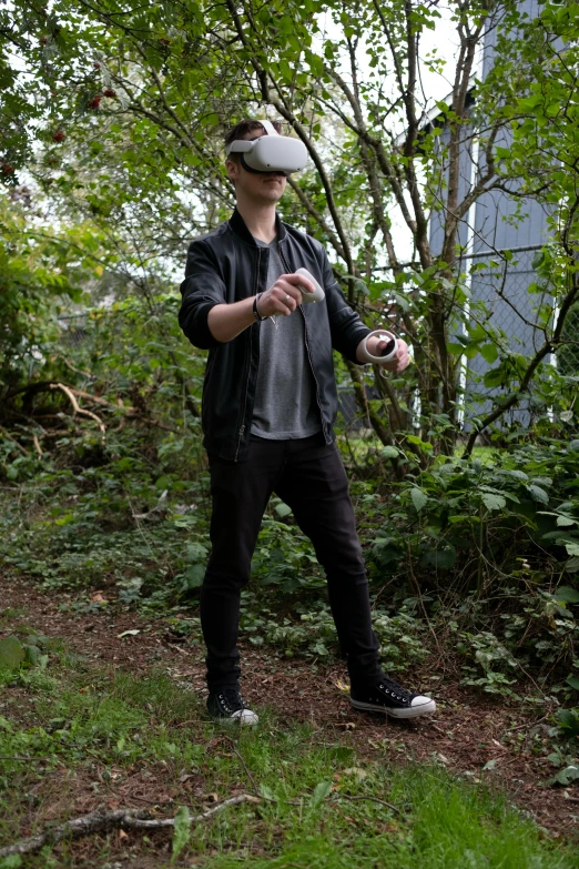 a man that is standing in the grass with a frisbee, a digital rendering, unsplash, renaissance, vr helmet on man, seattle, in the garden, in an action pose