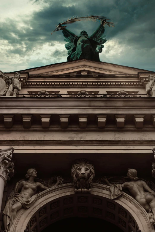 a statue on top of a building under a cloudy sky, by Antoni Brodowski, pexels contest winner, neoclassicism, square, dramatic entry, grand library, close-up photograph