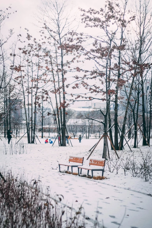 a bench sitting in the middle of a snow covered park, a picture, inspired by Elsa Bleda, socialist realism, kids, 1996), neo kyiv, 35mm —w 1920 —h 1080