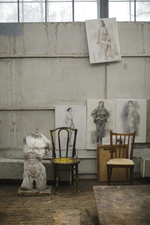 a couple of chairs that are in a room, a portrait, visual art, dressed in a worn, studio ghibili, figure drawing, various sizes