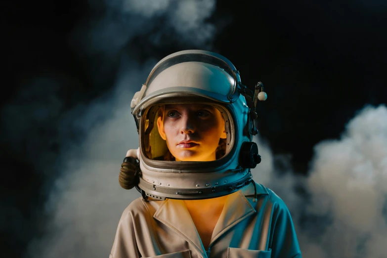 a close up of a person wearing a space suit, an album cover, pexels contest winner, pilot girl, portrait 8 k, portrait of dangerous, helmet off