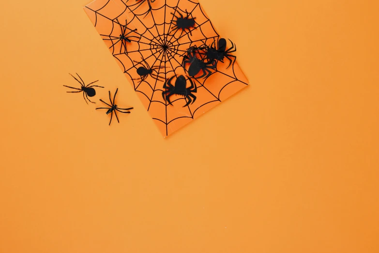 a group of black spiders sitting on top of a spider web, an album cover, by Emma Andijewska, trending on pexels, plasticien, paper cutouts of plain colors, orange color, trick or treat, solid background