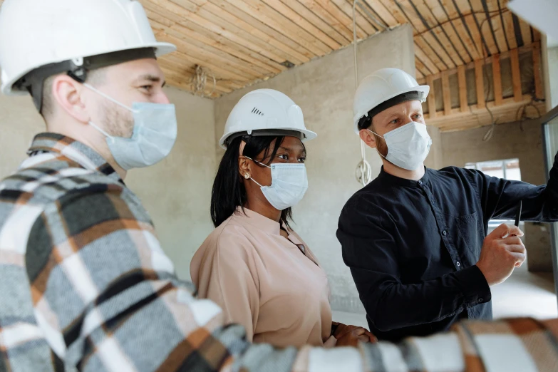 a group of construction workers wearing face masks, a photo, arbeitsrat für kunst, profile image, architect, decoration, fit build