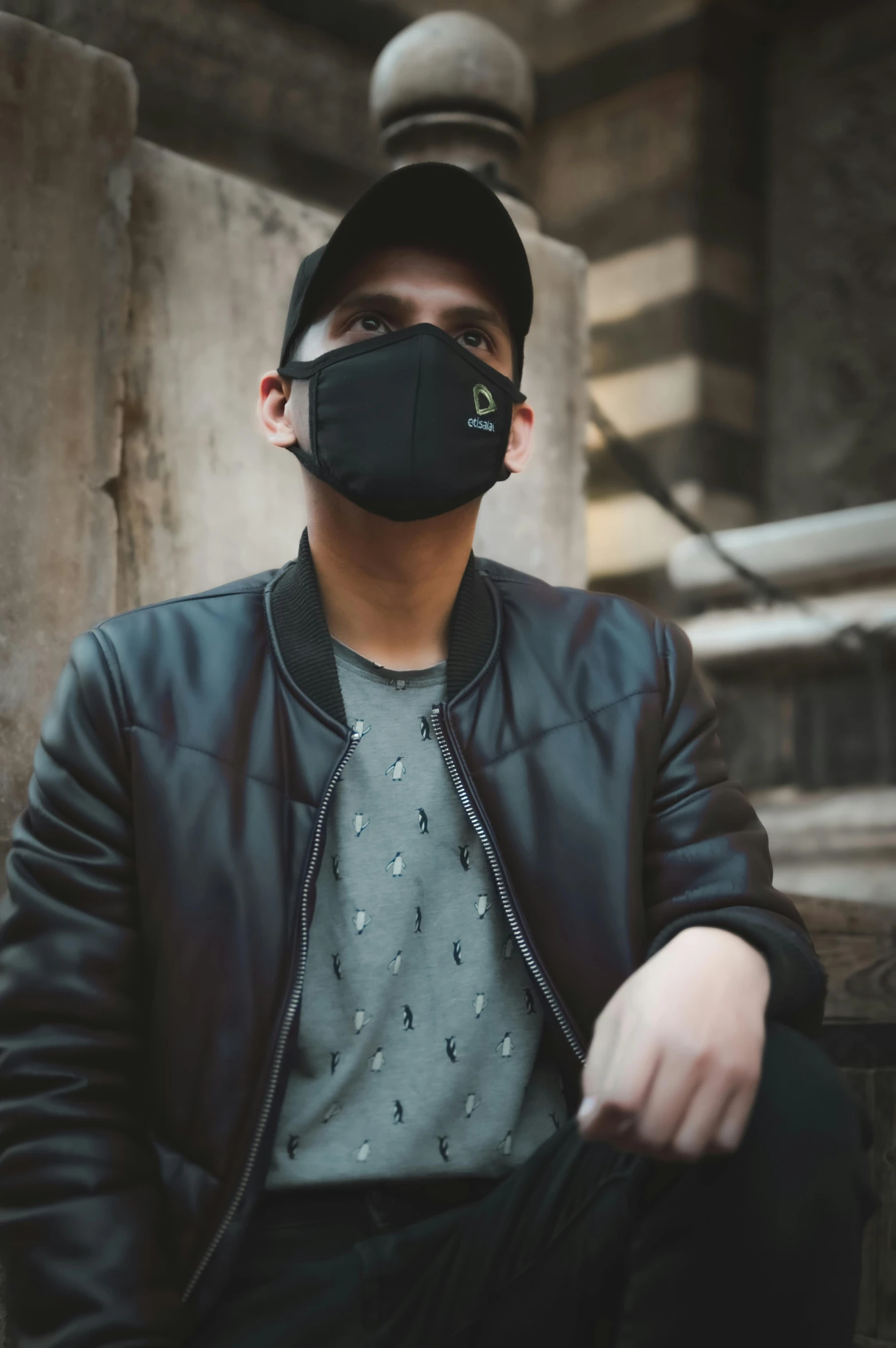 a man in a black jacket and a black mask, pexels contest winner, discord profile picture, wearing casual clothing, environmental shot, vapour