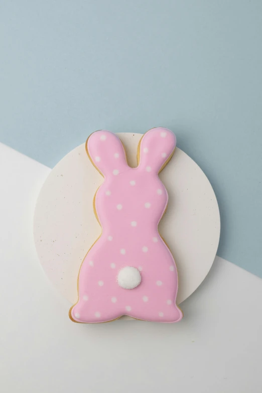 a pink bunny cookie sitting on top of a white plate, inspired by david rubín, polka dot, large tail, detailed product shot, 3156350975