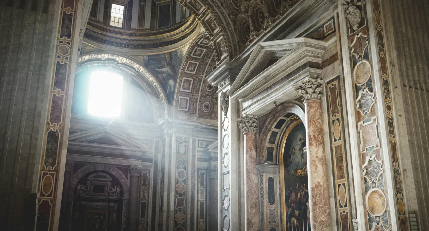 the sun shines through a window in a church, by Cagnaccio di San Pietro, unsplash contest winner, neoclassicism, dappled light, royal palace interior, profile image, arches