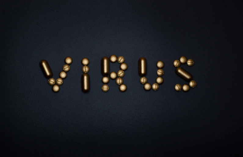 the word virus spelled out of gold pills on a black background, an album cover, trending on pexels, background image, airbrush render, kris kuksi, full body in shot