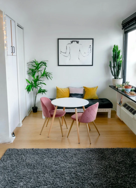 a living room filled with furniture next to a window, a picture, by Niko Henrichon, trending on unsplash, modernism, pink and yellow, white kitchen table, 15081959 21121991 01012000 4k, plants