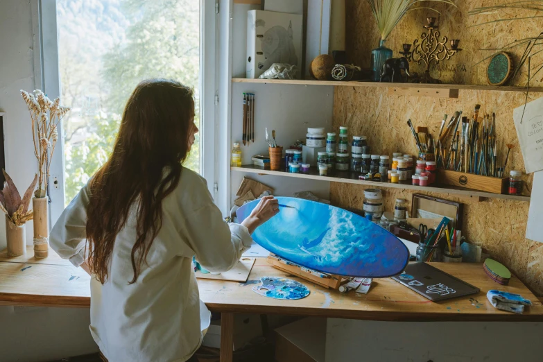 a woman that is standing in front of a window, a hyperrealistic painting, by Julia Pishtar, pexels contest winner, process art, blue paint on top, pouring techniques, painting on a badge, painted with a palette knife