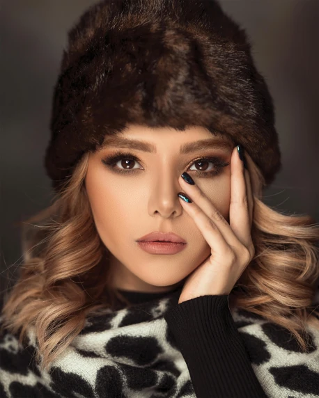 a woman wearing a leopard print sweater and a fur hat, an album cover, inspired by Elsa Bleda, trending on instagram, fantastic realism, gorgeous latina face, grey contacts, anna nikonova aka newmilky, wearing beanie