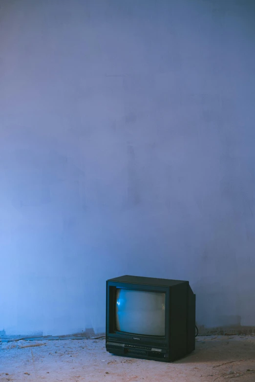 an old television sitting in the middle of a room, by Elsa Bleda, postminimalism, blue paint on top, promo image, anna nikonova, 2 0 1 2