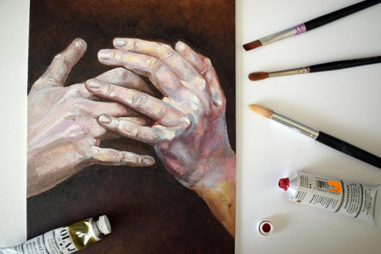 a painting of two hands holding each other, inspired by Floris van Dyck, trending on pexels, hyperrealism, lacquer on canvas, holding paintbrushes, painting of white human figures, watercolors and acrylics