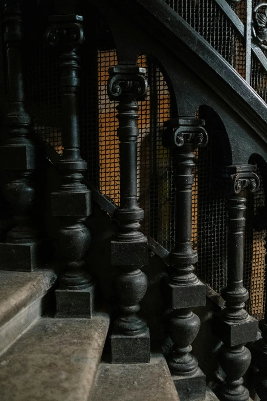a man riding a skateboard down a set of stairs, inspired by Pieter de Hooch, pexels contest winner, baroque, carved black marble, 4 k detail, metalwork, gothic library