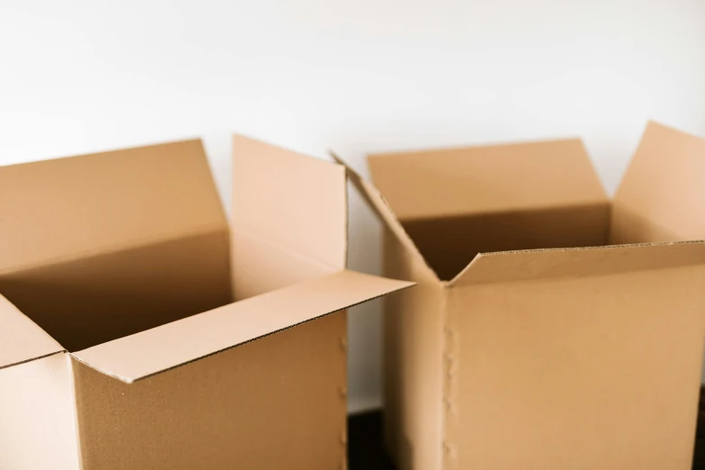 a couple of cardboard boxes sitting next to each other, by Carey Morris, trending on pexels, minimalism, new zeeland, opening, brown, thick lining