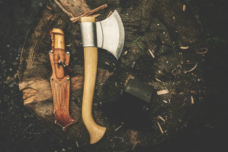 a couple of axes sitting on top of a piece of wood, by Kristian Zahrtmann, trending on unsplash, renaissance, tactical knife, blond, with a wooden stuff, thumbnail