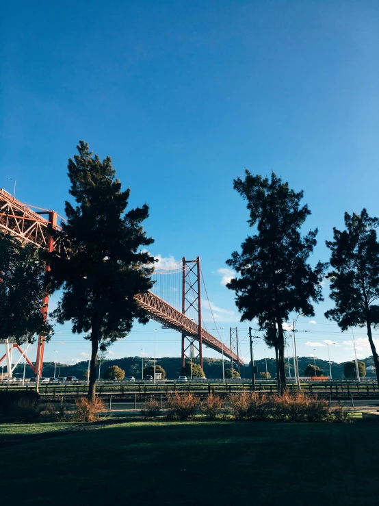 a view of the golden gate bridge from a park, a picture, happening, portugal, 🚿🗝📝, grass field surrounding the city, red trusses