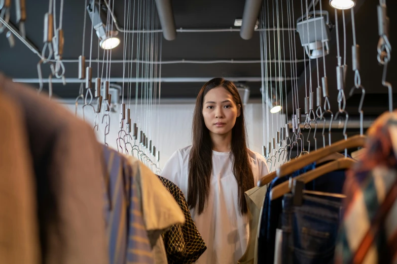 a woman standing in front of a rack of clothes, by Jesper Knudsen, pexels contest winner, hyperrealism, young asian woman, wearing a linen shirt, two hang, customers