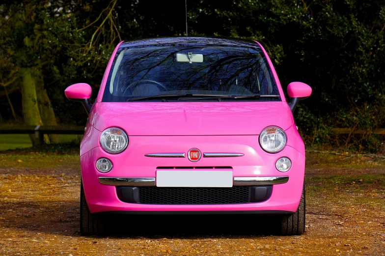 a pink car parked on the side of the road, a portrait, flickr, full colour, mini model, square, full front view