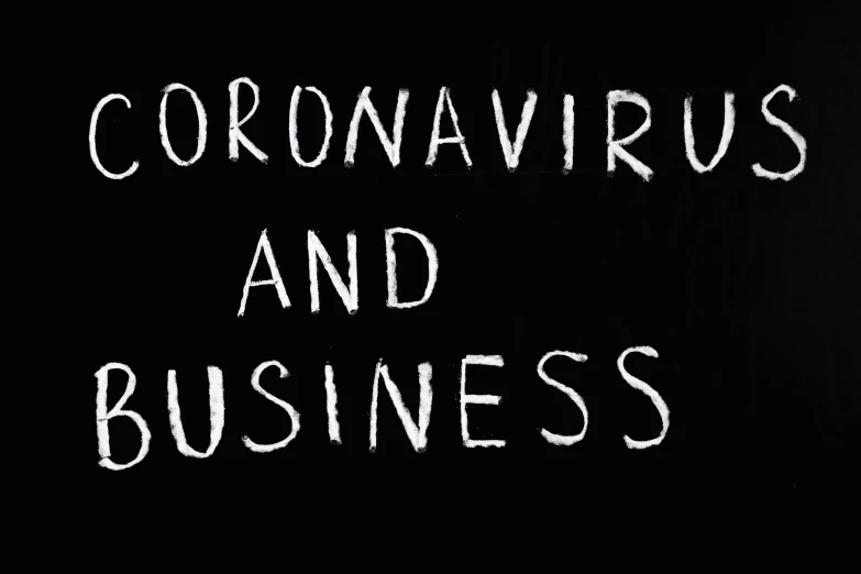 a blackboard with the words coronavirus and business written on it, an album cover, pixabay, white font on black canvas, tie, 3 4 5 3 1, lettering