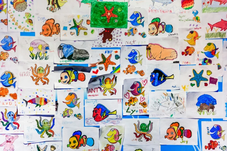 a bunch of children's drawings on a wall, underwater market, fan favorite, adoptables, up close