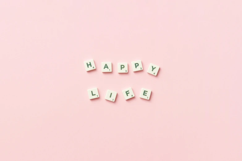 wooden letters spelling happy life on a pink background, a picture, by Emma Andijewska, trending on unsplash, figuration libre, made of all white ceramic tiles, pastel goth aesthetic, gif, planner stickers