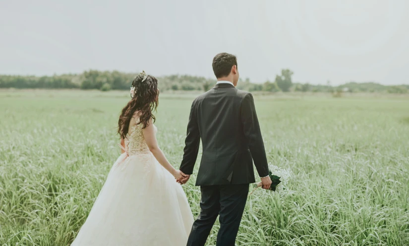 a bride and groom holding hands in a field, a colorized photo, pexels contest winner, renaissance, plain background, green field, attractive, unedited