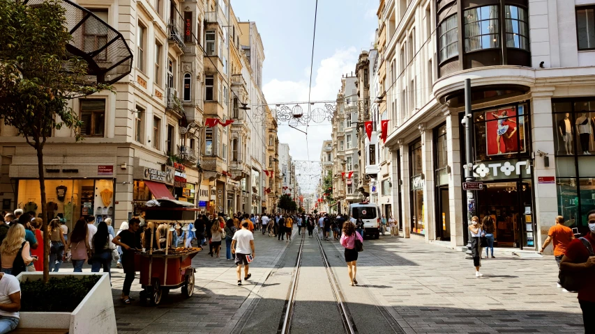 a group of people walking down a street next to tall buildings, by Niyazi Selimoglu, pexels contest winner, art nouveau, trams, square, turkey, youtube thumbnail