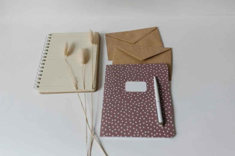 a notebook sitting on top of a table next to a pen, a picture, greeting card, varying dots, taupe, maroon and white