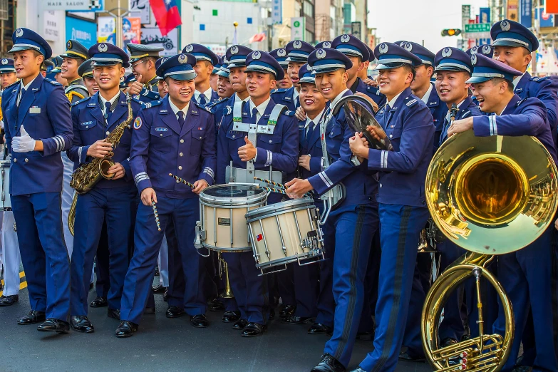 a group of men in uniform playing instruments, by Adam Marczyński, shutterstock, cloisonnism, airforce gear, taiwan, parade floats, 🚿🗝📝