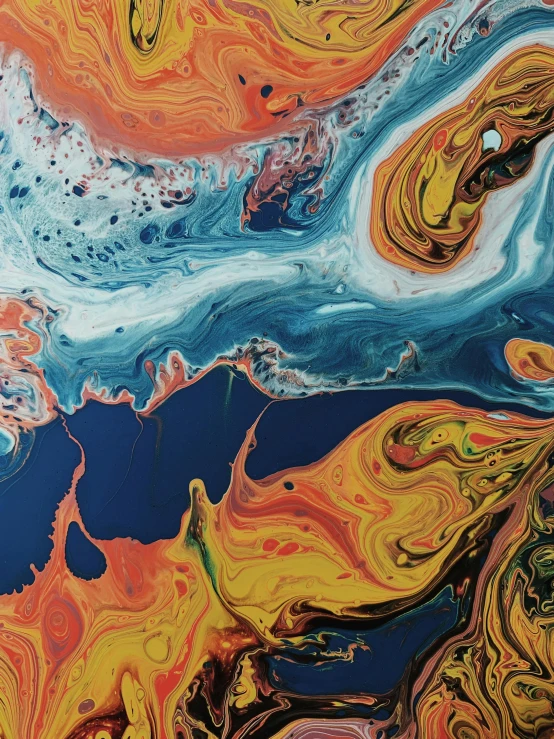 a close up of a painting on a wall, an abstract painting, trending on unsplash, swirling liquids, some orange and blue, molten plastic, ( ( ( koi colors ) ) )