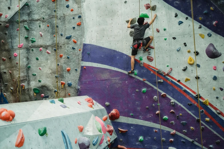 a man is climbing on a rock wall, by Meredith Dillman, pexels contest winner, blue and purple scheme, dingy gym, biodome, bustling