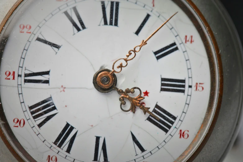 a close up of a clock with roman numerals, an album cover, pexels, renaissance, silver white red details, early 2 0 th century, thumbnail, worn