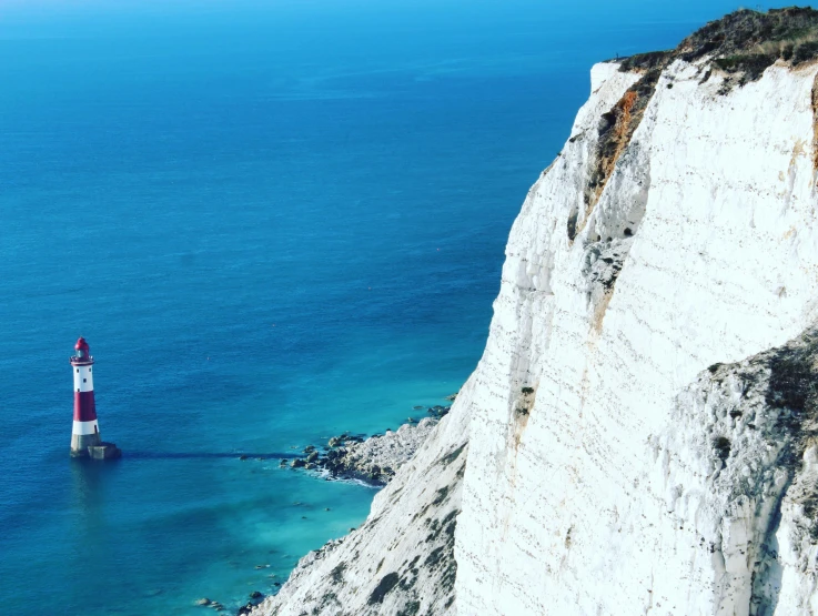 a lighthouse sitting on top of a cliff next to the ocean, by Rachel Reckitt, pexels contest winner, chalk cliffs above, white and pale blue, byzantine, view