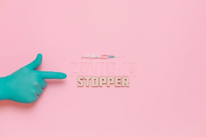 a hand in a blue glove points at the word stopper on a pink background, inspired by Chris LaBrooy, trending on pexels, syringe, trending on cgstation, covid, -step 50
