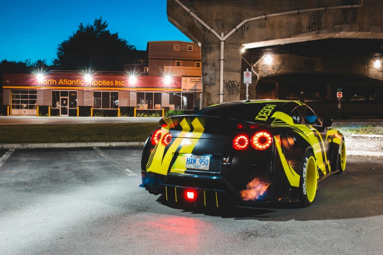 a yellow and black sports car parked in a parking lot, by Julia Pishtar, pexels contest winner, graffiti, tail lights, nissan gtr r 3 4, toronto, full body shot 4k