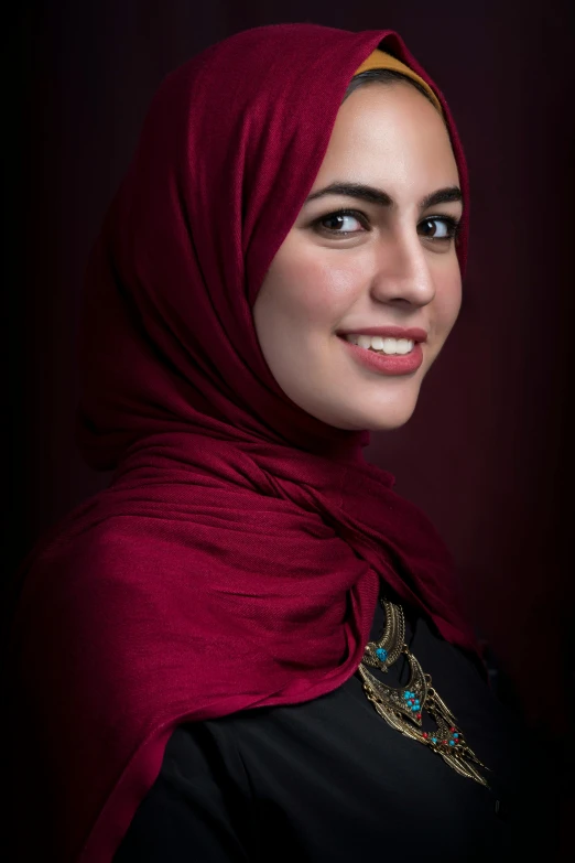 a beautiful young woman wearing a red hijab, inspired by Maryam Hashemi, headshot and bodyshot, eytan zana, ((portrait))