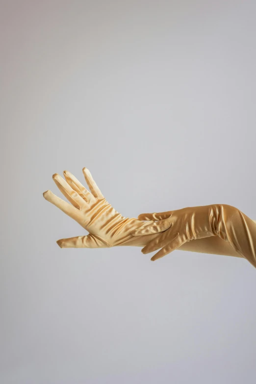 a close up of a person wearing a pair of gloves, an album cover, inspired by Méret Oppenheim, pexels, golden dress, light tan, long arm, 15081959 21121991 01012000 4k