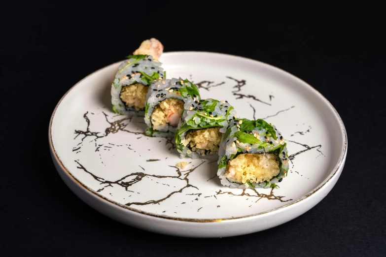 a close up of a plate of food on a table, inspired by Maki Haku, unsplash, mingei, prawn, grey, stuffed, mint