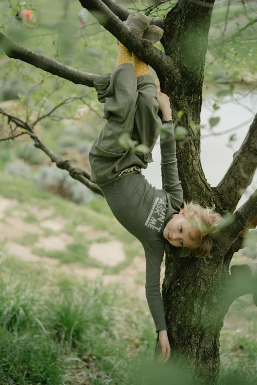 a young boy is climbing up a tree, unsplash, renaissance, acrobatic pose, a blond, color footage, grey